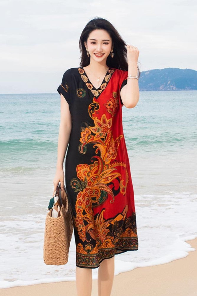 Burgundy Baroque Silk Dress – Luxe V-Neck Design