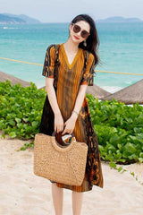 Elegant V-Neck Silk Dress – Brown Patterned Luxury