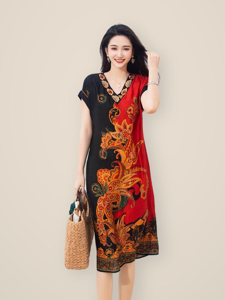 Burgundy Baroque Silk Dress – Luxe V-Neck Design
