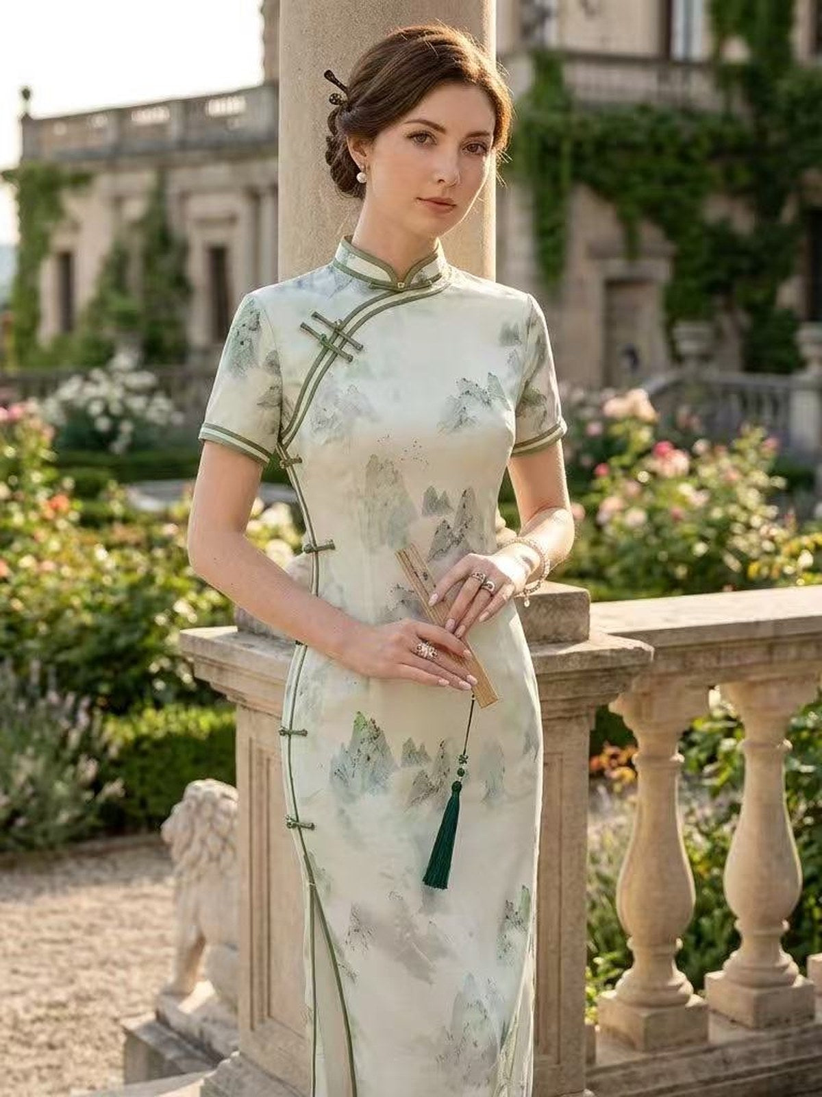 Silk Mix Qipao – Celadon Landscape
