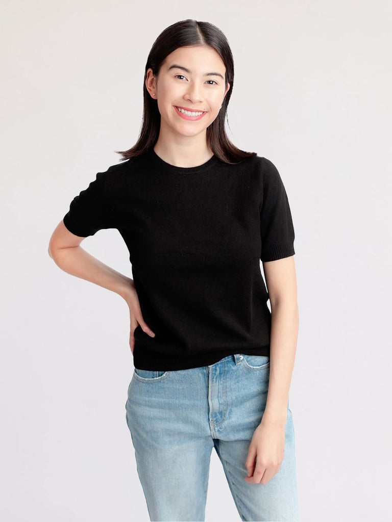 100% Mongolian Cashmere Round Neck Short Sleeves Sweater - Cashmere & Silk